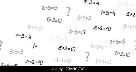 Résoudre des exemples. Arrière-plan transparent de différents exemples mathématiques placés au hasard. Addition, soustraction, multiplication et division. Modèle d'école Illustration de Vecteur