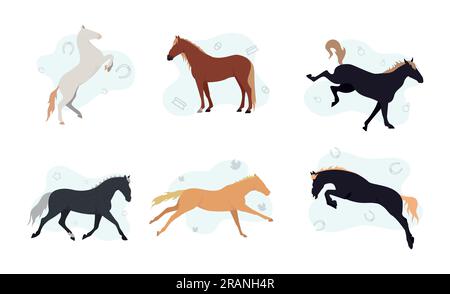 Cheval. Illustration avec un ensemble d'images de chevaux. Chevaux sur fond de pommes, fers à cheval, étoiles, oiseaux, pinceaux. Illustration de Vecteur