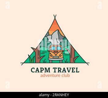 Logo pour camping. Une voiture dans les bois avec une tente. Illustration vectorielle d'une randonnée dans la forêt Illustration de Vecteur