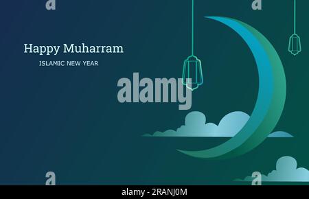 Conception heureuse de bannière Muharram avec la forme de lune et de nuage. Fond de festival de design islamique. Carte de voeux du nouvel an islamique. Célébration de l'année Hijri. Illustration de Vecteur