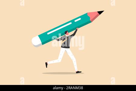 Homme d'affaires courant portant un lourd gros fardeau de crayon, illustration vectorielle plate Illustration de Vecteur