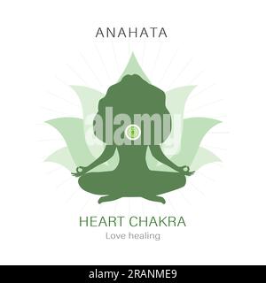 Emplacement anahata. Quatrièmement, symbole du chakra du cœur. Silhouette féminine méditant en position lotus. Travaillez avec le subconscient. Culture indienne. Vecteur plat Illustration de Vecteur