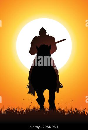Silhouette d'un chevalier médiéval sur un cheval portant une lance Illustration de Vecteur