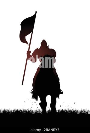 Silhouette d'un chevalier médiéval sur un cheval portant un drapeau Illustration de Vecteur