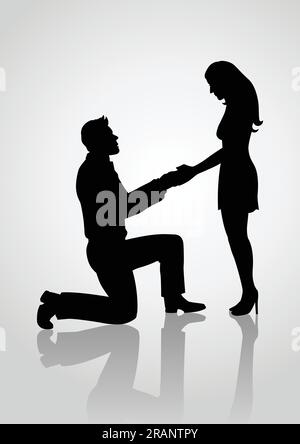 Silhouette d'un homme à genoux et tenant la main d'une femme debout, pour proposer, moment romantique, thème amant Illustration de Vecteur