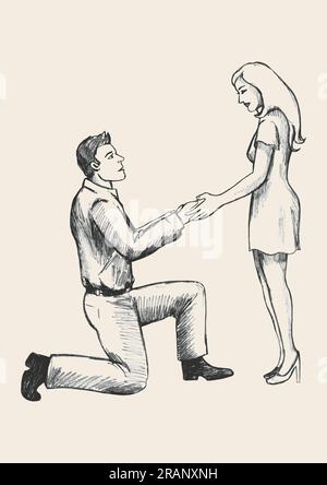 Croquis illustration d'un homme à genoux et tenant la main d'une femme debout, pour proposer, moment romantique, thème amant Illustration de Vecteur