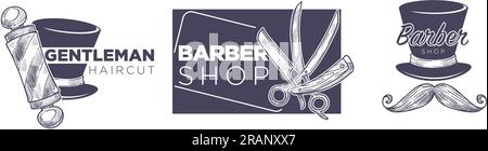Coupe de cheveux gentleman, logotype ou bannière de salon de coiffure Illustration de Vecteur