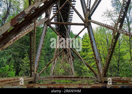 Poutres métalliques sous le chevalet historique de chemin de fer de Salt Creek sur la subdivision Cascade près d'Oakridge dans l'Oregon, États-Unis Banque D'Images