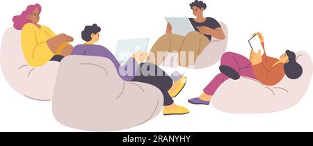 Les gens travaillant sur un projet sur un ordinateur portable assis confortablement Illustration de Vecteur