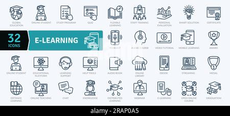 Pack d'icônes d'apprentissage électronique. Jeu d'icônes de ligne fine. Ensemble de collecte pour l'apprentissage à distance. Icônes vectorielles simples Illustration de Vecteur