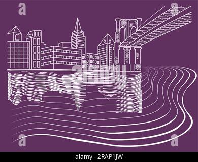 Paysage urbain de contour de nuit près de la rivière avec des silhouettes de bâtiments et de pont dessinant sur fond transparent Illustration de Vecteur