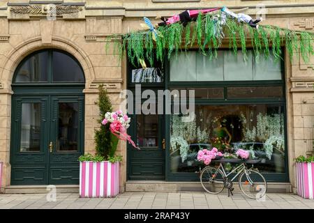 Vélo élégant avec des fleurs de pivoines près de l'entrée de la boutique sur la rue de la ville Banque D'Images