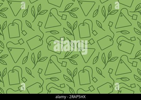 motif sans couture de thé vert avec des feuilles et des icônes de sachets de thé - illustration vectorielle Illustration de Vecteur