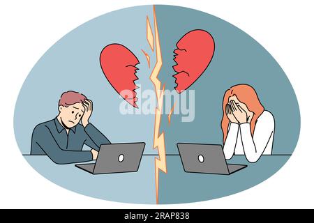 Homme malheureux et femme datant en ligne relation de fin. Triste couple ont rupture ou malentendu parler sur Internet. Illustration vectorielle. Illustration de Vecteur