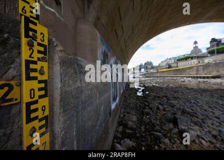 Dresde, Allemagne. 05 juillet 2023. Un gabarit est installé sous le pont Auguste à la terrasse Brühlsche. Le niveau de l'Elbe à Dresde est actuellement de 64 centimètres. Crédit : Robert Michael/dpa/Alamy Live News Banque D'Images