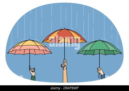 Mains tenant des parasols colorés se cachant de la pluie en ville. Personnes dehors par temps pluvieux. Storm et sécurité. Illustration vectorielle. Illustration de Vecteur