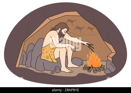 Caveman assis dans une grotte près du feu de joie. Homme préhistorique faisant feu pendant les âges anciens. Illustration vectorielle. Illustration de Vecteur