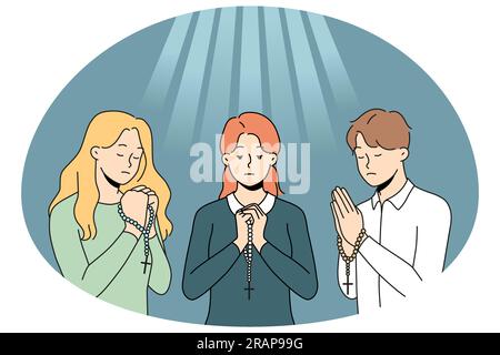 Les gens avec le rosaire prient pour aller demander le bon destin. Les croyants superstitititieux religieux montrent la foi et la croyance. Religion et prière. Illustration vectorielle. Illustration de Vecteur