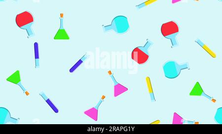 Texture sans couture d'une répétition infinie de plusieurs couleurs de verre médical de produits chimiques tubes de test scientifique de canettes flacons de différentes formes sur un bleu Illustration de Vecteur