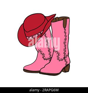 Illustration dessinée à la main de bottes de cow-boy rose chapeau rouge dans le style du sud-ouest occidental. Dessin de ligne noire de la conception d'aventure de ranch, impression ouest-américaine sauvage, chaussures de bande dessinée colorées Banque D'Images