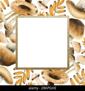 Modèle de cadre carré de champignons comestibles brun aquarelle avec illustration de bordure d'or isolé sur fond blanc Banque D'Images