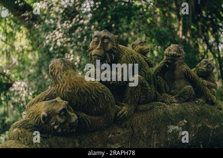 Statues de singes en pierre dans la forêt sacrée de singes. Vieilles sculptures décoratives de singe dans la forêt sacrée d'ubud Banque D'Images