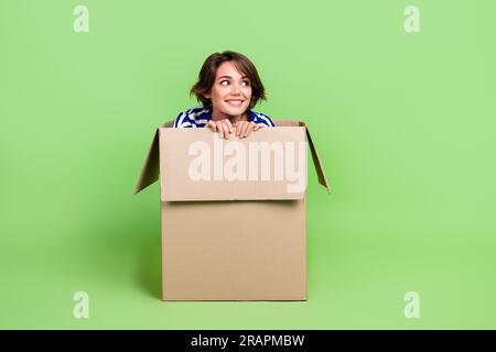 Photo pleine grandeur de fille drôle amicale habillé sweat-shirt rayé look à offrir espace vide assis dans la boîte isolé sur fond de couleur verte Banque D'Images