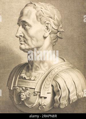 Gaius Jules César, Gaius Jules César, 13 juillet 100 av. J.-C. - 15 mars 44 av. J.-C., était un homme d'État romain, général et auteur qui a joué un rôle déterminant dans la fin de la République romaine et sa transformation ultérieure en une monocratie de facto, historique, Reproduction restaurée numériquement à partir d'un original de la période / Gaius Julius Caesar, Gaius Julius Cäsar, 13. Juli 100 c. Chr.bis 15. März 44 v. Chr., war ein Römischer Staatsmann, Feldherr und Autor, der maßgeblich zum Ende der Römischen Republik und zu ihrer späteren Umwandlung in eine faktische Monokratie beitrug, Historisch, digital restaurierte Re Banque D'Images