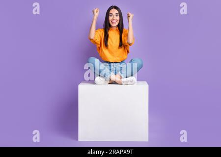 Photo pleine longueur de la jeune femme étonnée célébrer la victoire ses investisseurs de démarrage assis plate-forme isolée sur fond de couleur violette Banque D'Images