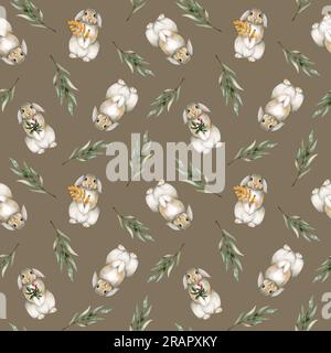 Aquarelle lapin d'automne lapin lapin avec des feuilles motif sans couture sur fond beige brun pastel Banque D'Images