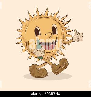 mascotte de marche de soleil tenant la bière et les pouces vers le haut. vibrations tropicales. illustration vectorielle de mascotte vintage sun Illustration de Vecteur
