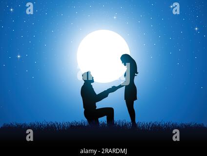 Silhouette d'un homme s'agenouillant et tenant la main d'une femme debout contre une belle nuit de étoiles et pleine lune, pour proposer, romantique momen Illustration de Vecteur