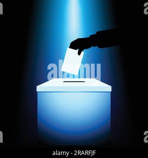 Illustration d'une boîte de vote sous lumière bleue, silhouette de main mettant le papier de vote dans la boîte de scrutin Illustration de Vecteur