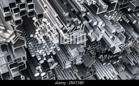 barres métalliques et profilés de différentes formes, industrie manufacturière. rendu 3d. Banque D'Images