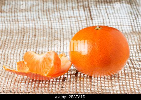 Colonne de mandarine unique avec des fruits complets couchés à côté sur une toile de jute grossière, éclairée par le bas. Banque D'Images