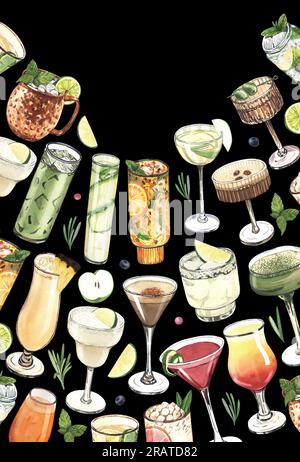 Cadre aquarelle, verres à cocktail : martini, gin, margarita, mojito, liqueur, rhum, mule de moscou. Illustration dessinée à la main isolée sur fond noir Banque D'Images