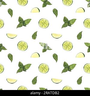 Aquarelle motif sans couture feuilles de menthe et citron vert. Illustration dessinée à la main isolée sur fond blanc. Concept pour l'impression de tissu, étiquette, bannière, menu Banque D'Images