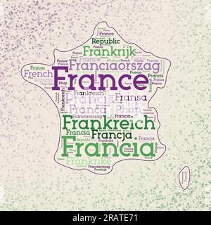 France forme avec les noms de pays nuage de mots en plusieurs langues. Carte de la frontière de la France sur des triangles frais dispersés autour. Illustration vectorielle radiante. Illustration de Vecteur