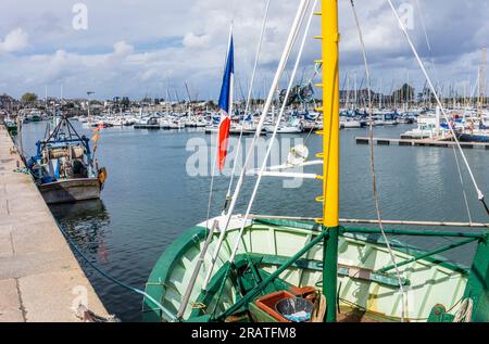 Bateaux de pêche amarrés au quai Vauban dans le port de Saint-Vaast-la-Houge, presqu'île du Cotentin, département de la Manche, Normandie, France Banque D'Images