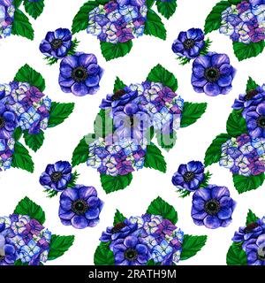 Aquarelle dessinée à la main motif sans couture fleurs violette anémone et fond blanc hortensia. Illustration botanique florale de printemps isolé pour Banque D'Images