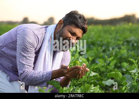 Portrait d'un fermier indien heureux sentant le vent tout en se tenant dans le champ étirant ses bras. Inde rurale. Joyeux Villager pour voir les cultures florissantes. Banque D'Images