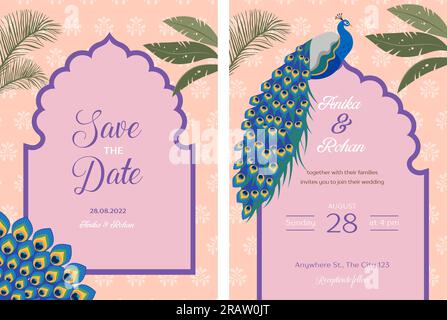Invitation de mariage indien et Enregistrer le jeu de modèles de date. Thème de mariage exotique avec palmiers et paon Illustration de Vecteur