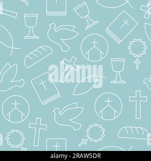 modèle sans couture avec des icônes de religion catholique : bible, croix, colombe, pain, poisson, calice, rosaire- illustration vectorielle Illustration de Vecteur