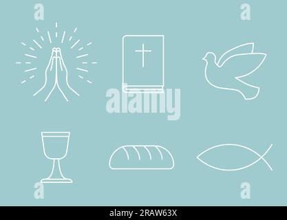 jeu d'icônes du christianisme ; mains de prière, bible, colombe, calice, pain et poisson - illustration vectorielle Illustration de Vecteur
