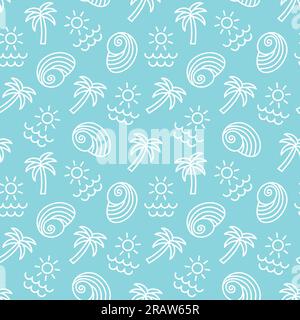 motif bleu d'été sans couture avec des palmiers, des coquillages, le soleil et les vagues de la mer - illustration vectorielle Illustration de Vecteur