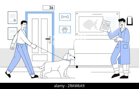 Homme avec chien dans le concept de ligne de clinique vétérinaire Illustration de Vecteur