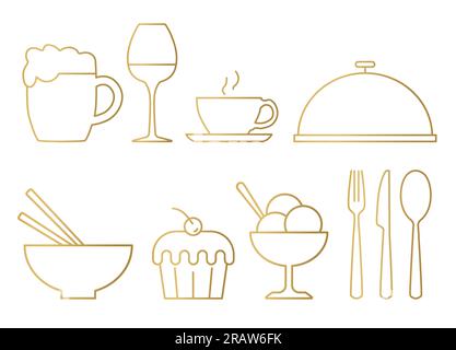 ensemble d'icônes dorées de nourriture et de boisson : bière, verre de vin, tasse à café, plateau, plat asiatique, glace et couverts - illustration vectorielle Illustration de Vecteur