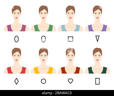 Ensemble de femmes visages types de forme - tête ovale, oblongue, carrée, triangle inversé, diamant, rond, coeur, rectangle. Illustration vectorielle féminine dans la dame de style dessin animé. Vector outline girl pour la mode Illustration de Vecteur