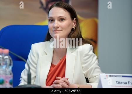 Bucarest, Roumanie. 5 juillet 2023 : Diana Punga, directrice de la ville de Bucarest, assiste à la conférence de presse annonçant l'organisation de la compétition cycliste 'Tour de Roumanie '23' du 4 au 10 septembre. Crédit : Lucian Alecu/Alamy Live News Banque D'Images