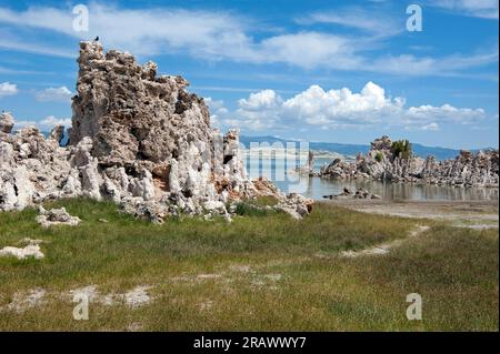 Tufas et l'eau en retrait avec les montagnes de la Sierra Nevada en arrière-plan à Mono Lake, Californie, États-Unis Banque D'Images